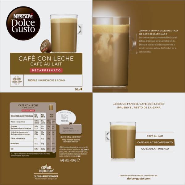 CAPSULAS CAFE DOLCE GUSTO CAFE C/LECHE DESCAF.