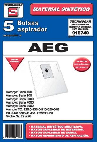 BOLSA ASPIRADOR TECNHOGAR AEG 915740 5PZ SINT.